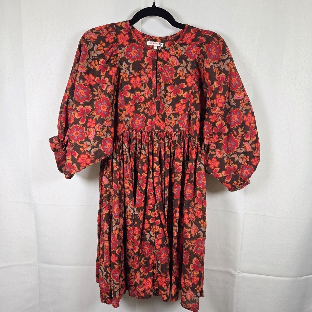 Anthropologie Sundry Boho Tunic Dress Colorful Floral Puff Dolman Sleeves XS / 0 - Picture 3 of 13